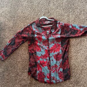 Johnny Was Petro Zillia Silk Floral Blouse L | Red Black Teal Boho Top